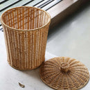 Cubo de basura de mimbre con tapa, cesta tejida redonda para residuos, cesta de almacenamiento