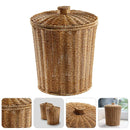 Cubo de basura de mimbre con tapa, cesta tejida redonda para residuos, cesta de almacenamiento